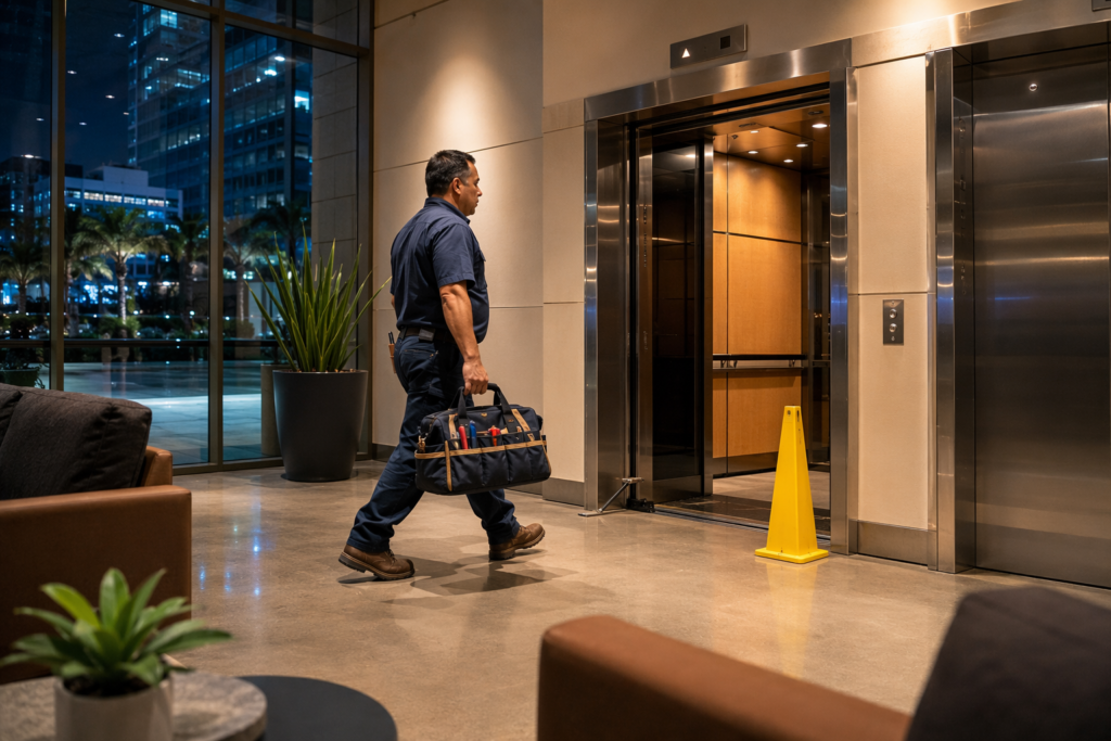 IUEC-certified elevator technician arriving at a Phoenix commercial building lobby at night for 24 hour elevator repair service