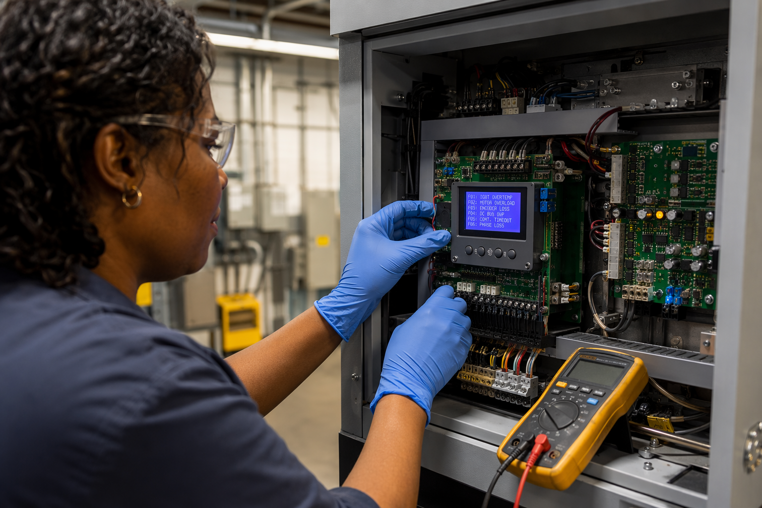 Drive Controller Fault Diagnosis in Machine Room Elevator technician inspecting a drive controller fault code inside a commercial machine room during emergency elevator repair service