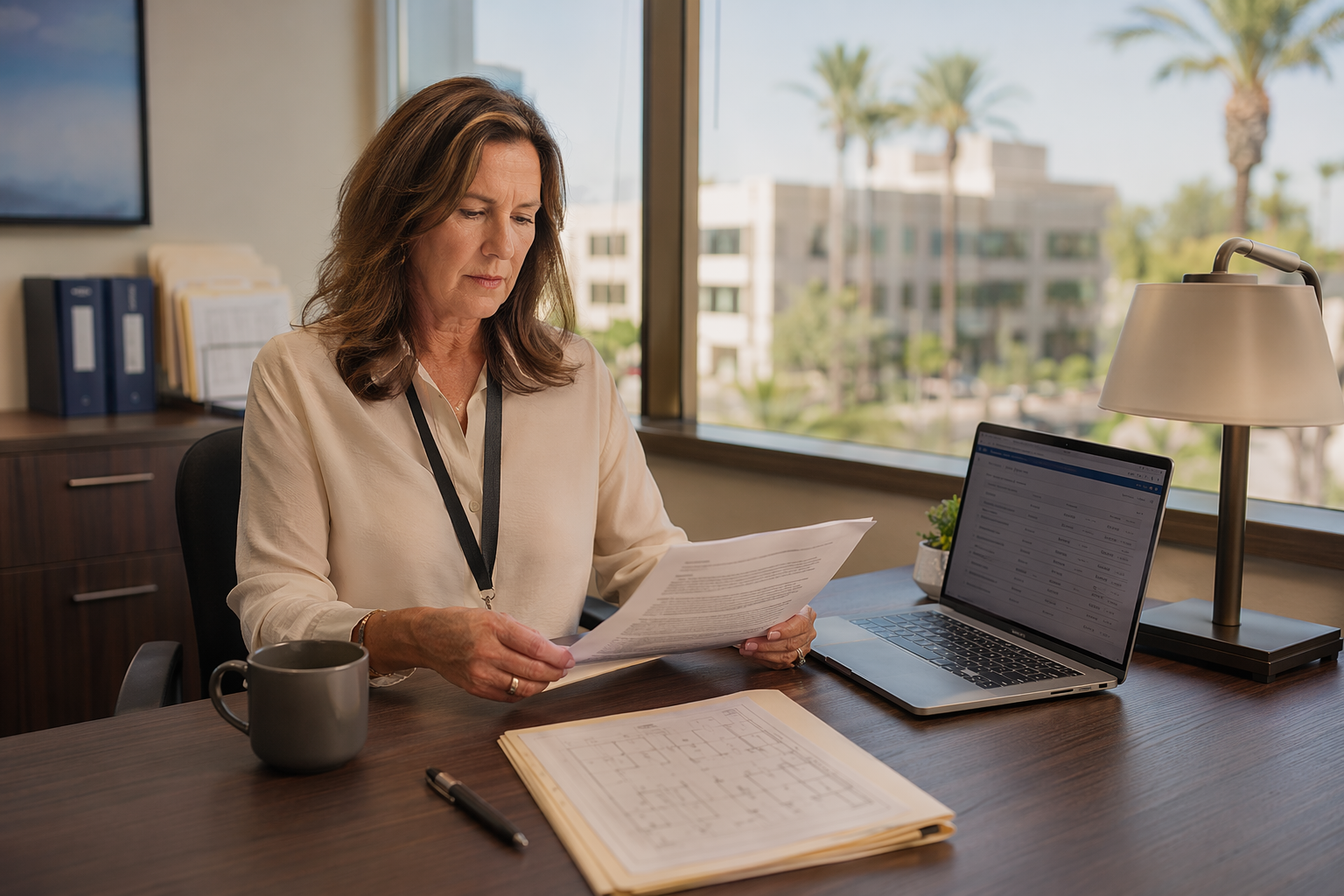 Building Manager Reviewing Elevator Service Agreement Facility manager reviewing a 24 hour elevator repair service contract and compliance documentation at a Scottsdale Arizona office