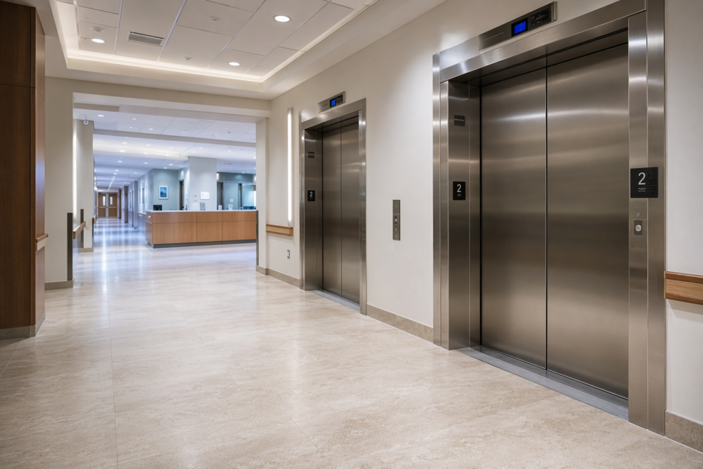 ADA-compliant hospital elevator lobby in Phoenix Arizona showing accessible hoistway doors, Braille jamb plaques, and hall lanterns meeting ADA elevator requirements for healthcare buildings