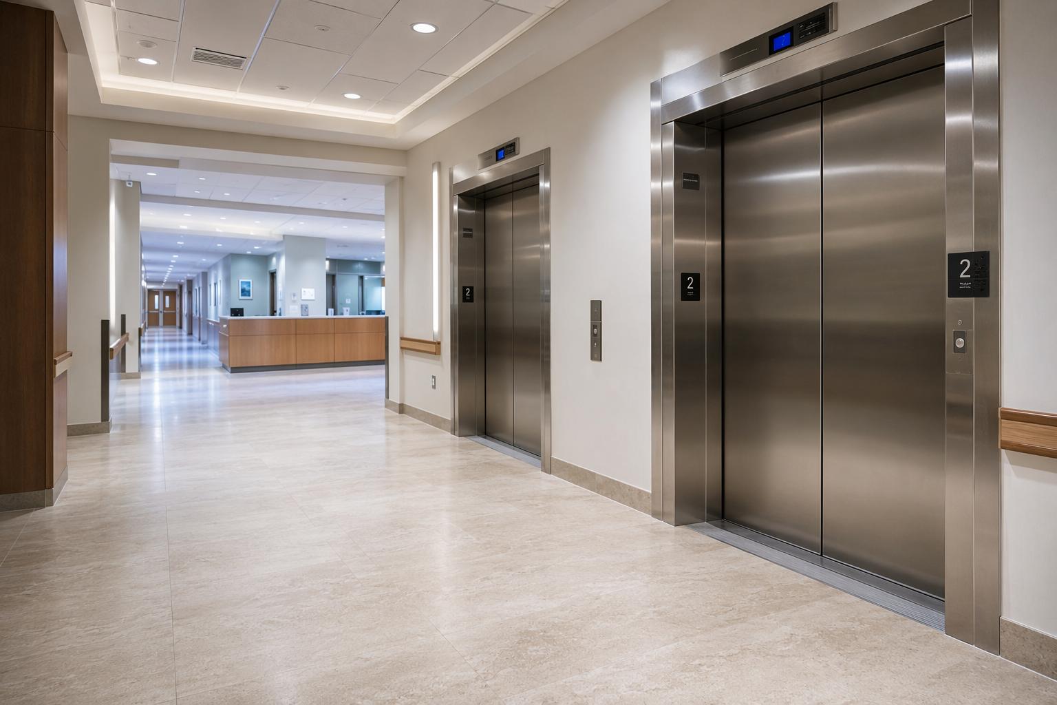 ADA-compliant hospital elevator lobby in Phoenix Arizona showing accessible hoistway doors, Braille jamb plaques, and hall lanterns meeting ADA elevator requirements for healthcare buildings