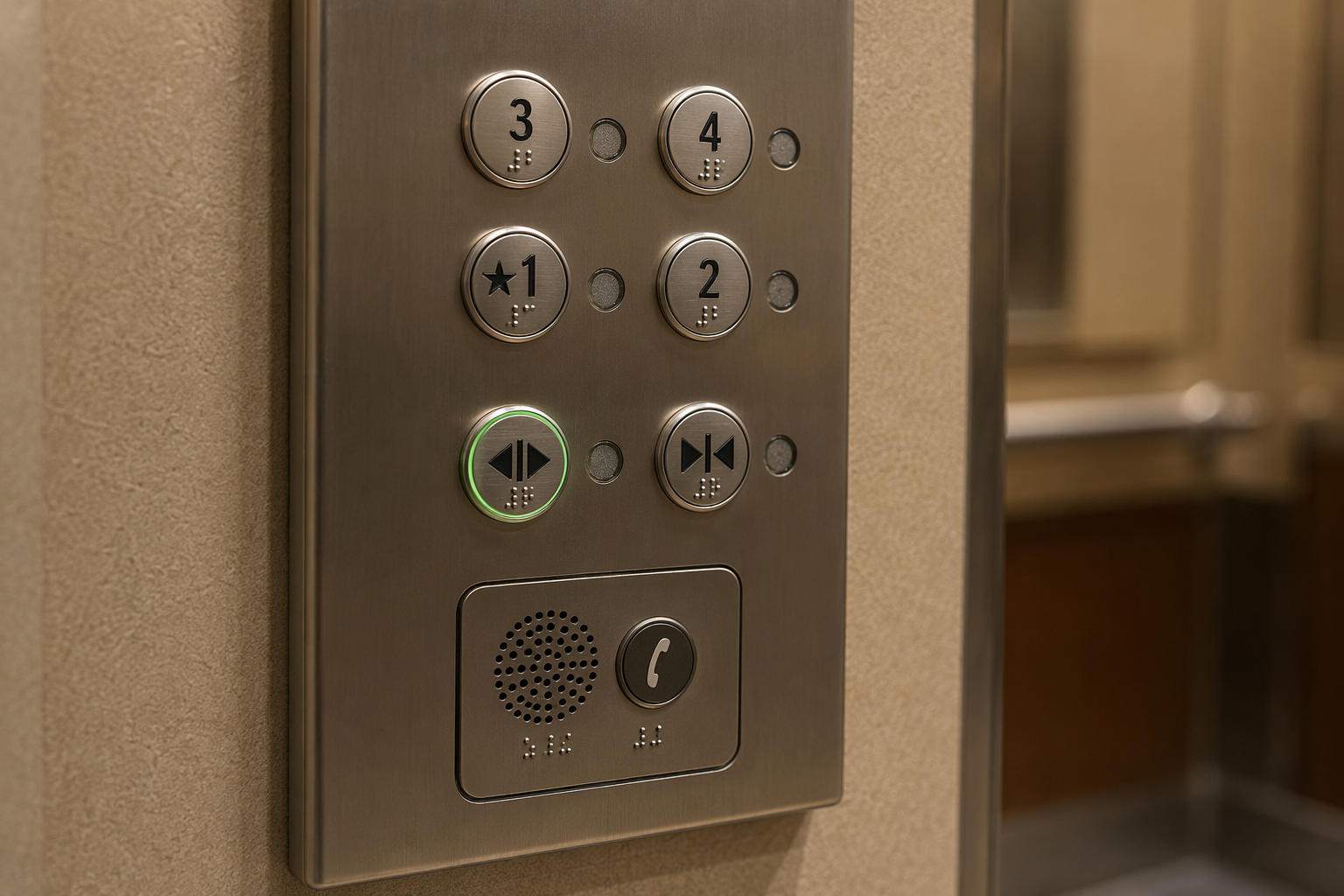 ADA-compliant elevator control panel with raised buttons, Braille labels, and two-way emergency communication unit inside an Arizona healthcare facility elevator cab