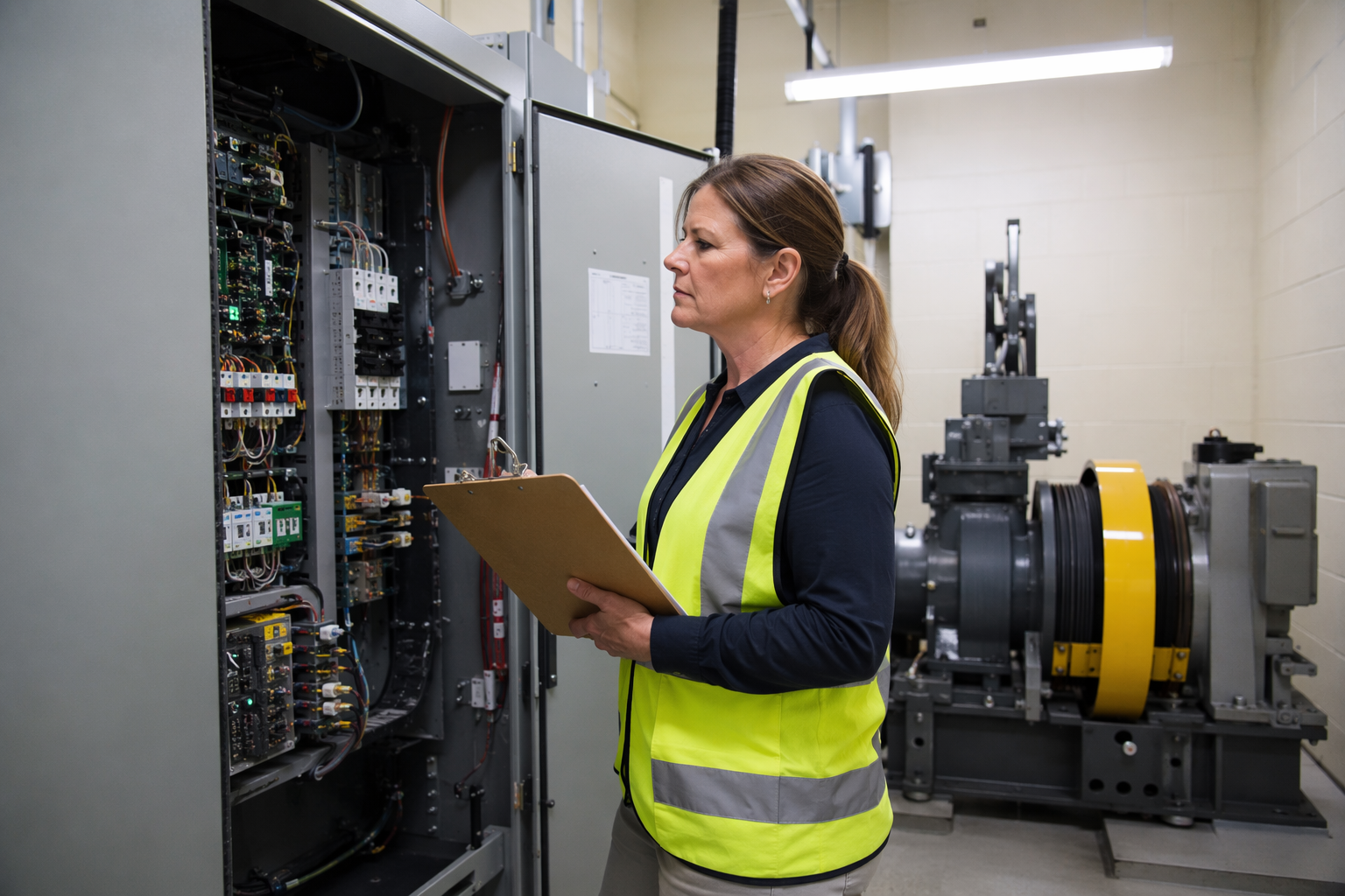 Elevator compliance inspector reviewing ADA and ASME A17.1 requirements in a machine room of a Scottsdale Arizona healthcare office building