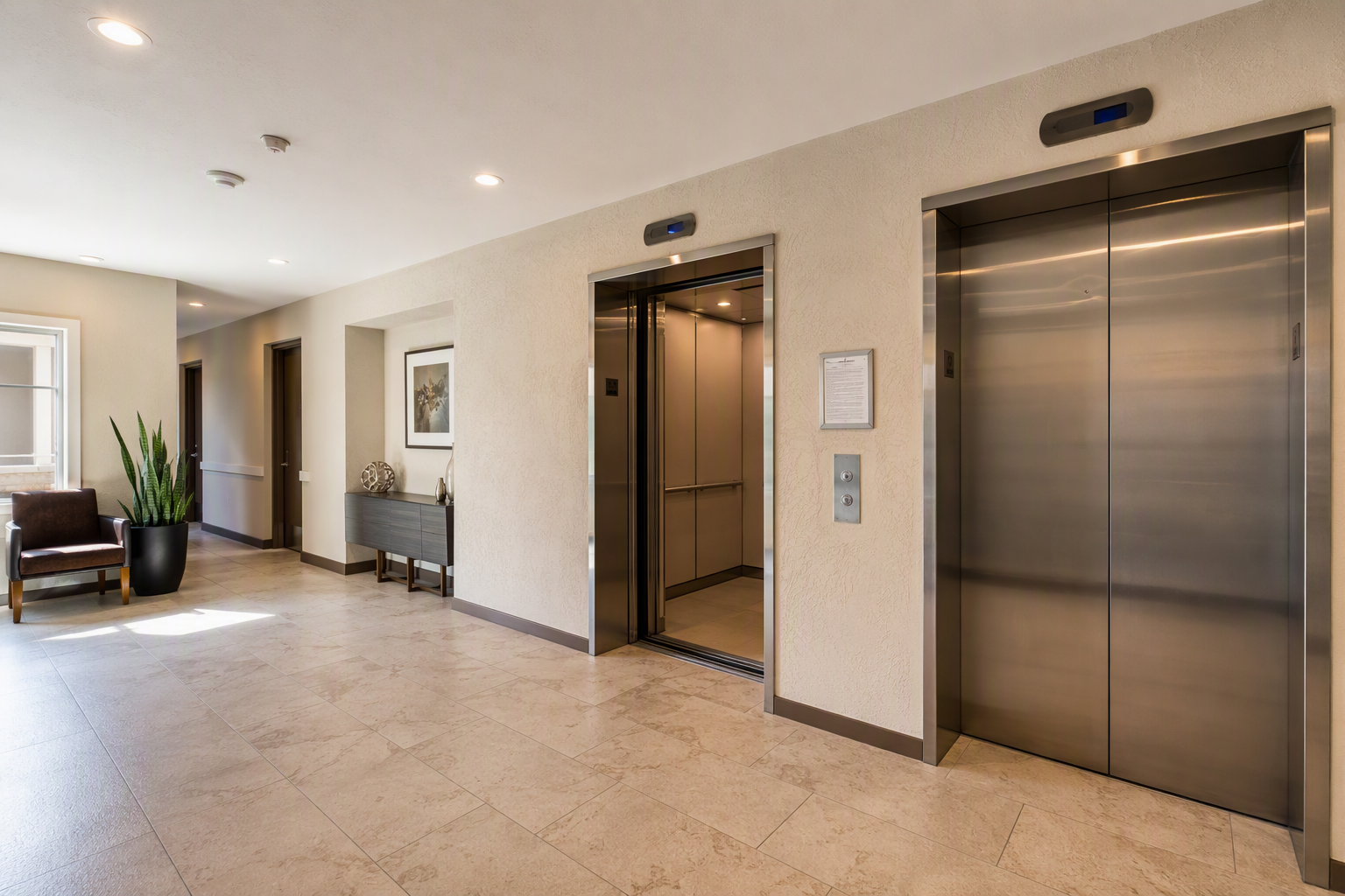 Apartment Building Elevator Lobby — Phoenix AZ Residential apartment building elevator lobby in Phoenix AZ showing stainless-steel doors and posted inspection certificate for elevator maintenance compliance
