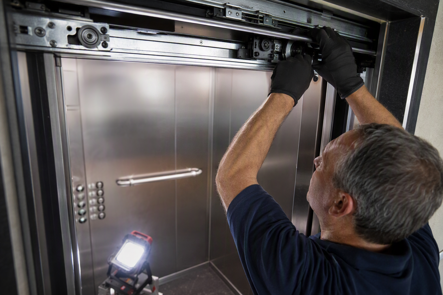 Residential Elevator Door Operator Maintenance Elevator technician servicing door operator mechanism inside ADA-compliant residential apartment elevator cab during scheduled maintenance in Arizona