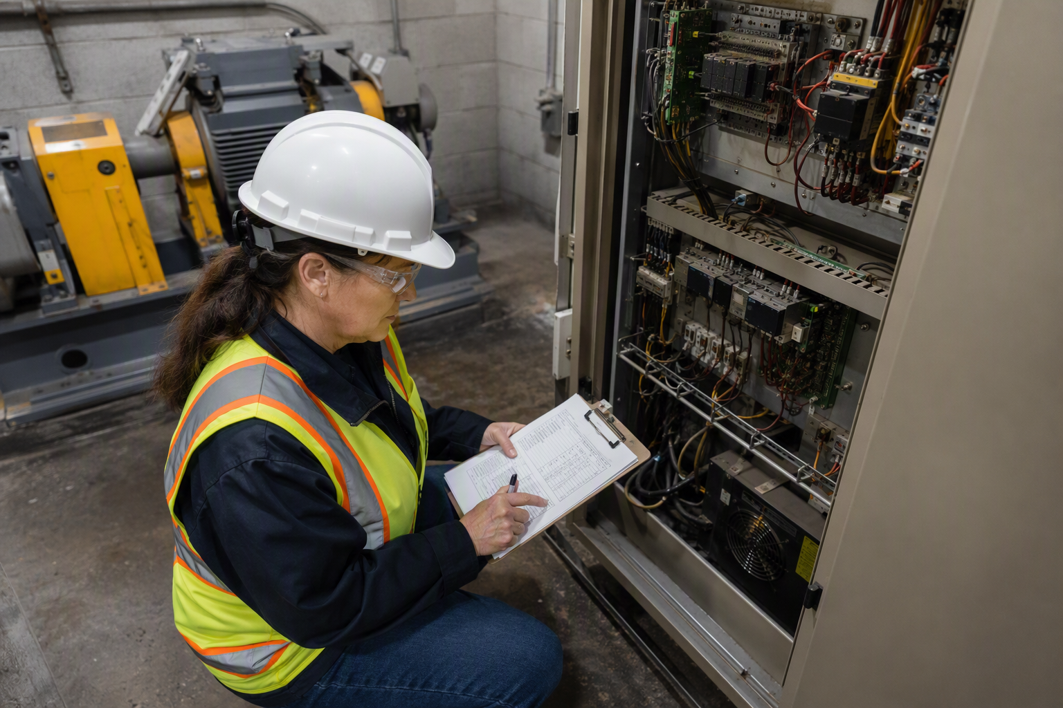 Elevator Inspection Documentation Review Licensed elevator inspector reviewing ASME A17.1 compliance documentation beside a traction machine controller in an Arizona apartment building machine room