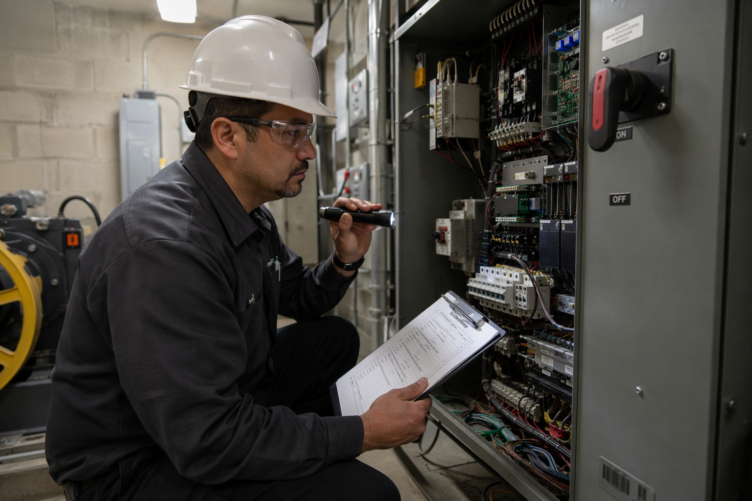Licensed elevator inspector examining a traction elevator controller in a Phoenix commercial building machine room during an ASME A17.1 required periodic inspection