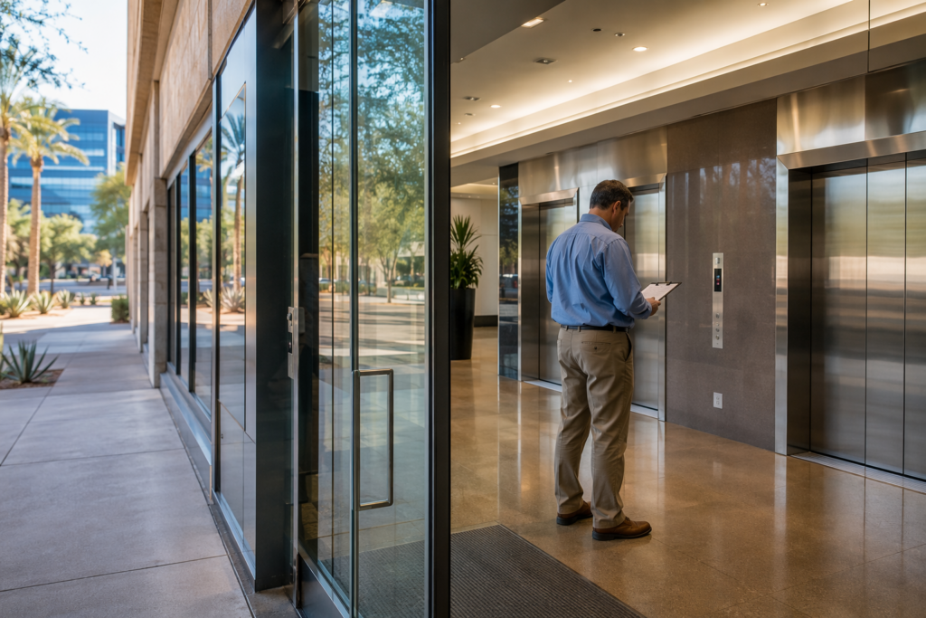 Facilities manager reviewing elevator maintenance checklist in a Phoenix AZ commercial office building lobby with stainless steel elevator doors