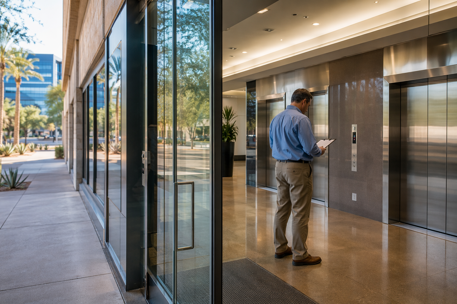 Facilities manager reviewing elevator maintenance checklist in a Phoenix AZ commercial office building lobby with stainless steel elevator doors