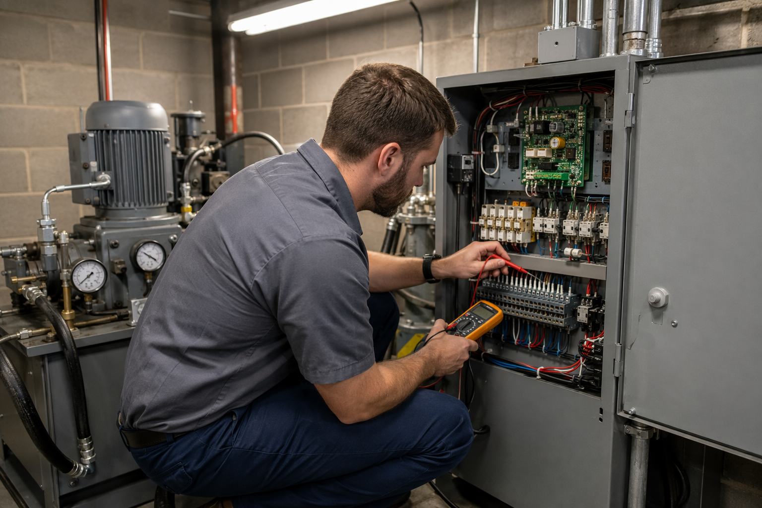 Elevator technician testing hydraulic controller panel inside a Phoenix AZ elevator machine room during scheduled preventive maintenance inspection