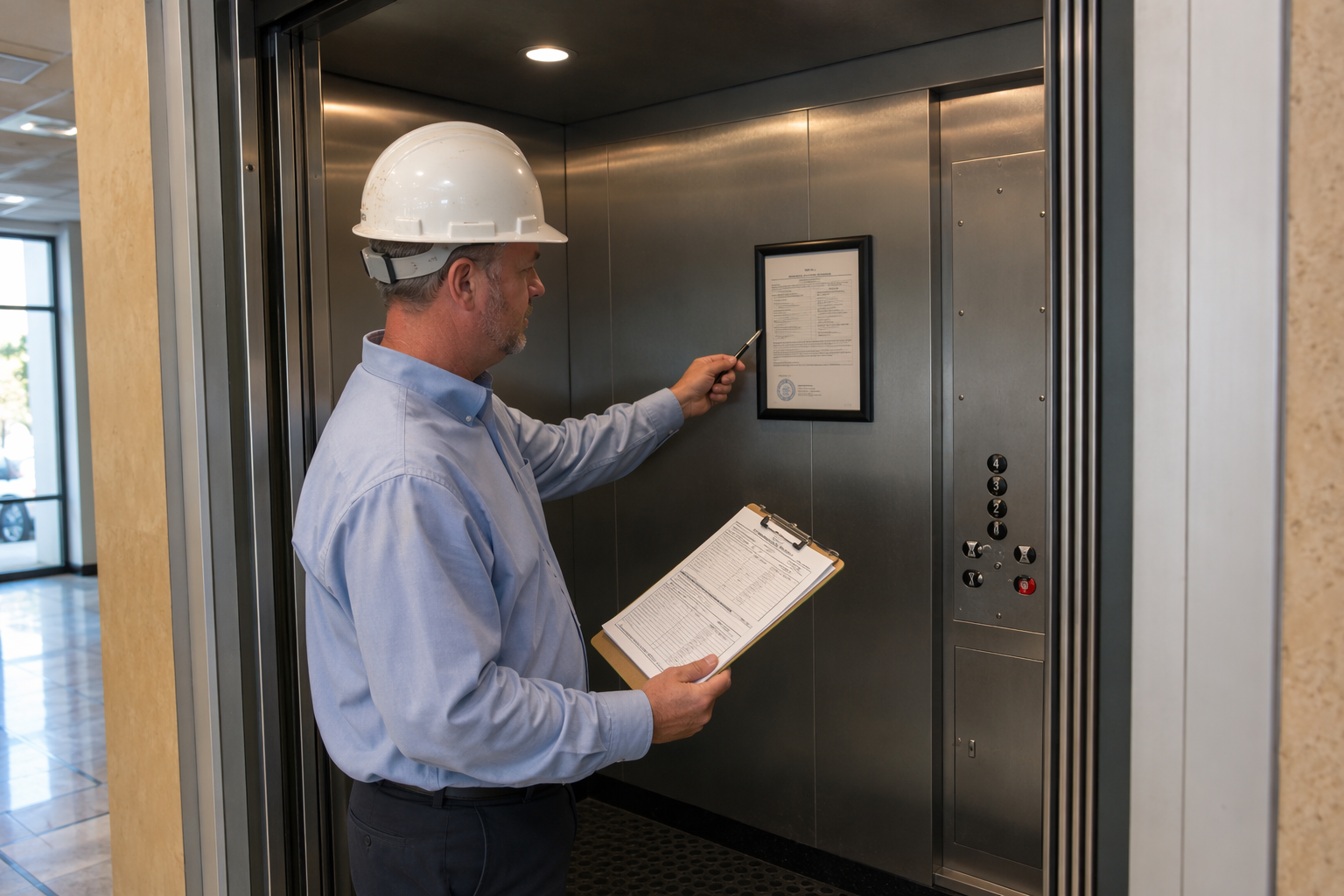 Elevator inspector reviewing ASME A17.1 compliance certificate inside a commercial elevator cab in a Scottsdale or Phoenix AZ building