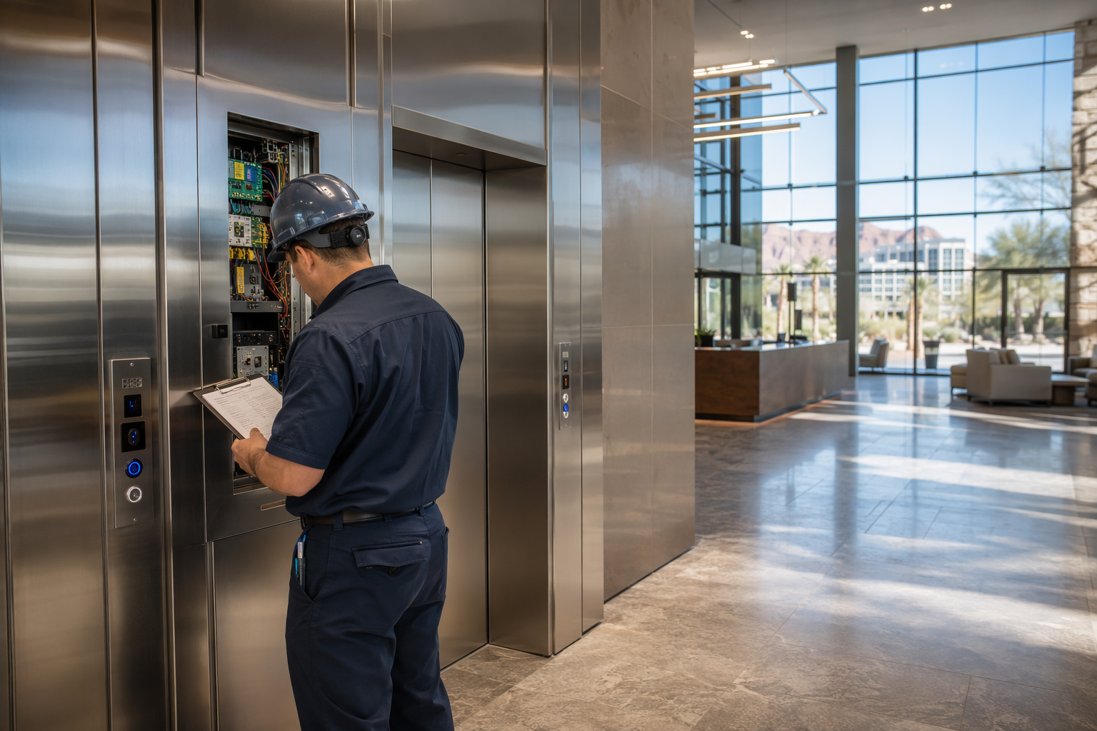Scottsdale Commercial Elevator Maintenance Inspection IUEC-certified elevator technician performing maintenance inspection at a modern Scottsdale AZ commercial building elevator bank, best elevator maintenance company Scottsdale