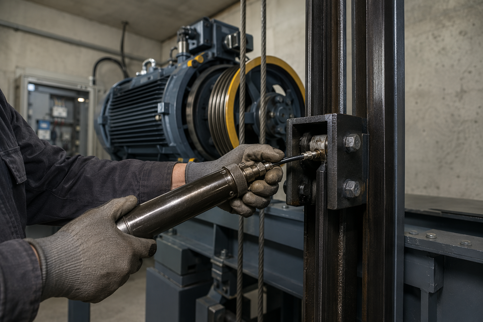 Monthly Elevator Preventive Maintenance Machine Room Service Elevator technician lubricating guide rail equipment inside a Scottsdale building machine room during monthly preventive maintenance service visit
