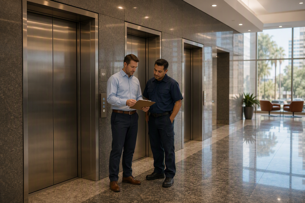 Property manager and elevator technician reviewing a commercial building elevator service contract in a Phoenix AZ office lobby with stainless steel elevator doors