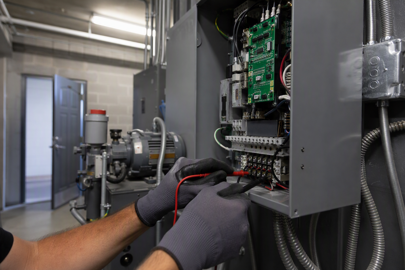 Elevator technician performing preventive maintenance on a machine-room controller panel inside a Scottsdale AZ commercial building, demonstrating why service contracts matter
