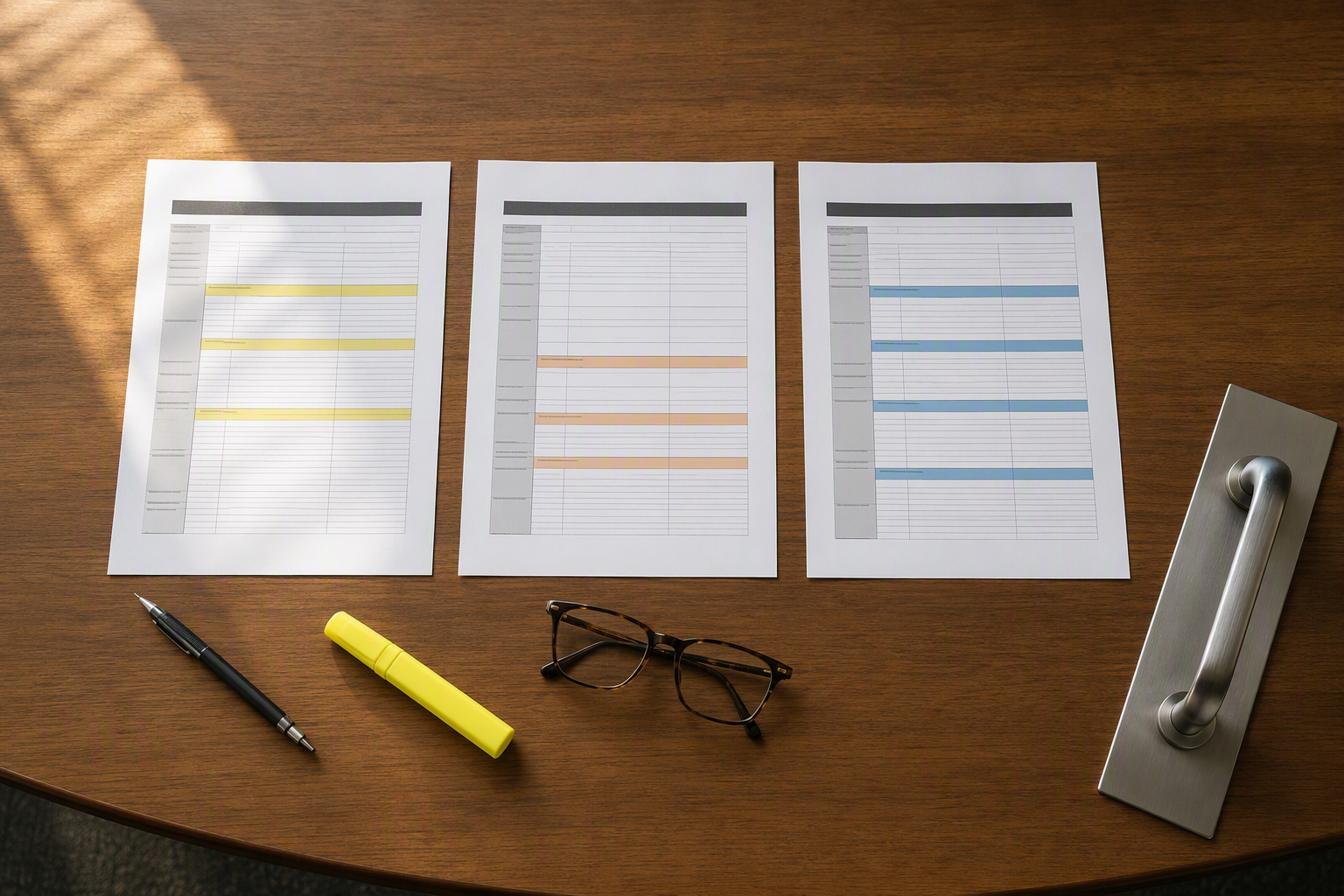 Three commercial elevator service contract documents laid out for comparison on a Tucson property manager's conference table showing oil-and-grease, full maintenance, and full coverage tiers