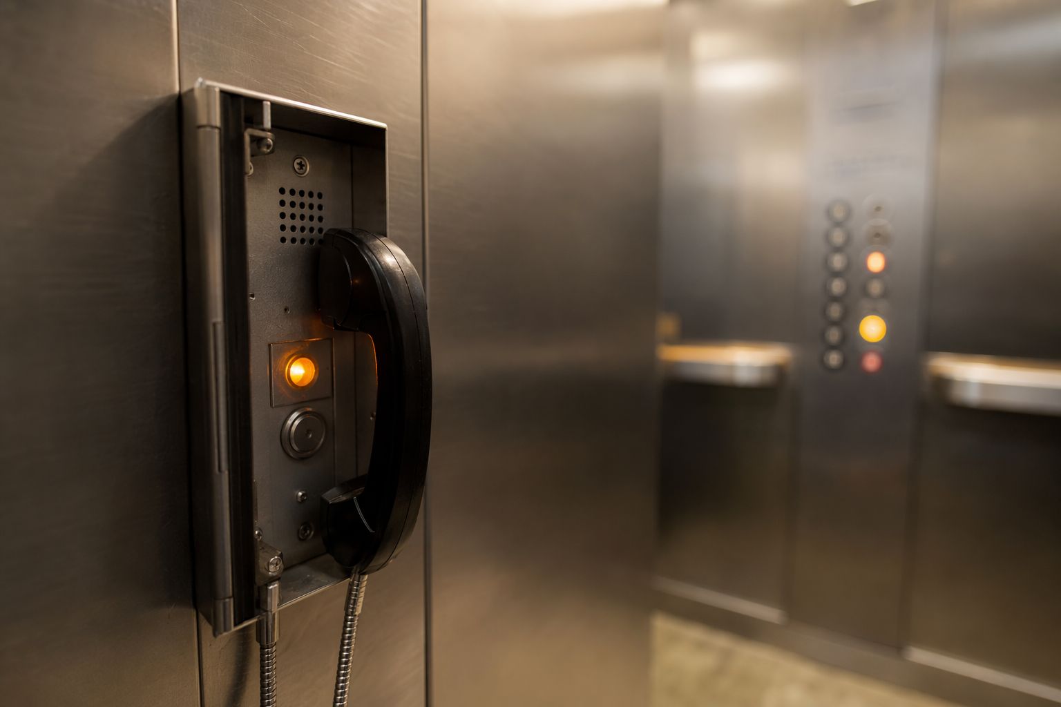 Emergency telephone handset active inside a stalled elevator cab showing illuminated call indicator, the first step in elevator breakdown immediate response