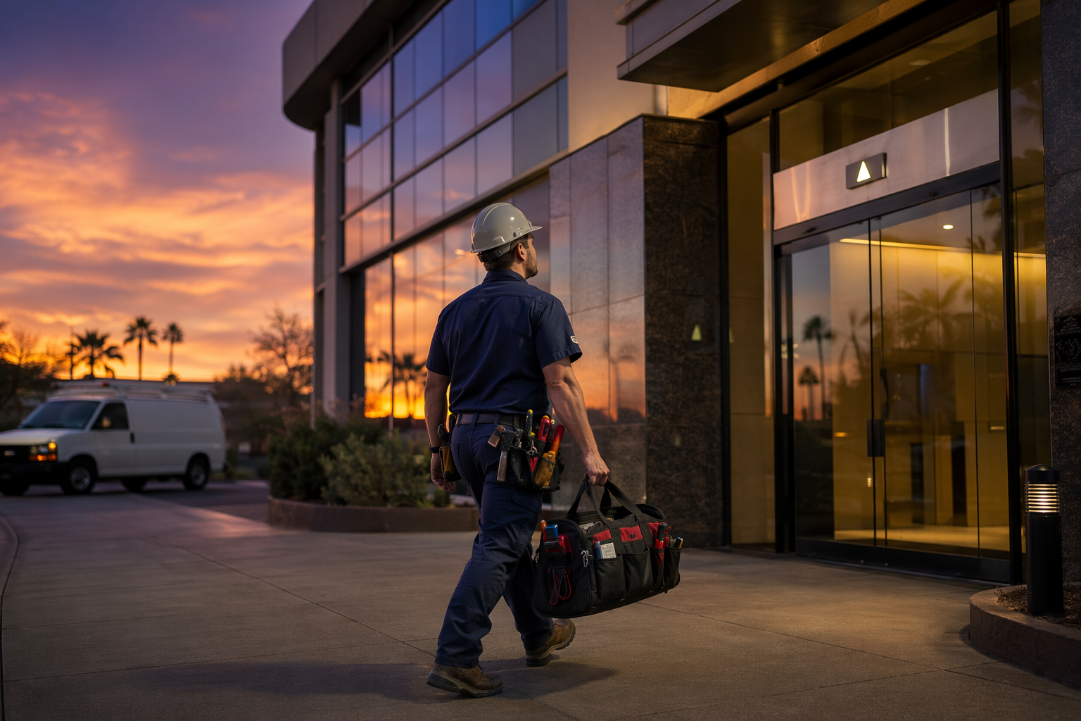 Certified elevator technician arriving on-site for emergency elevator breakdown response at a Scottsdale AZ commercial building at dusk with service van visible