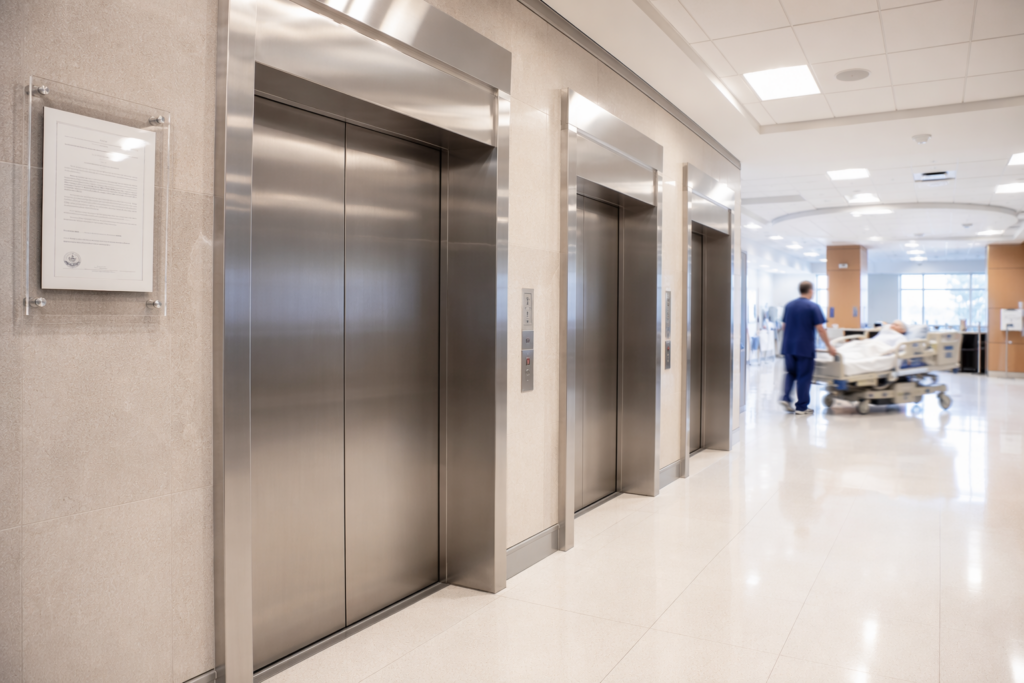 Hospital elevator lobby in Phoenix AZ with stainless steel elevator doors and a posted elevator certificate of compliance on the wall beside the call panel.