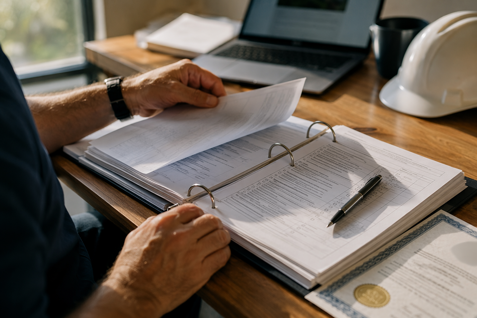 Facility compliance officer reviewing elevator certificate of compliance inspection documents and binder at a desk in a Scottsdale Arizona healthcare management office.