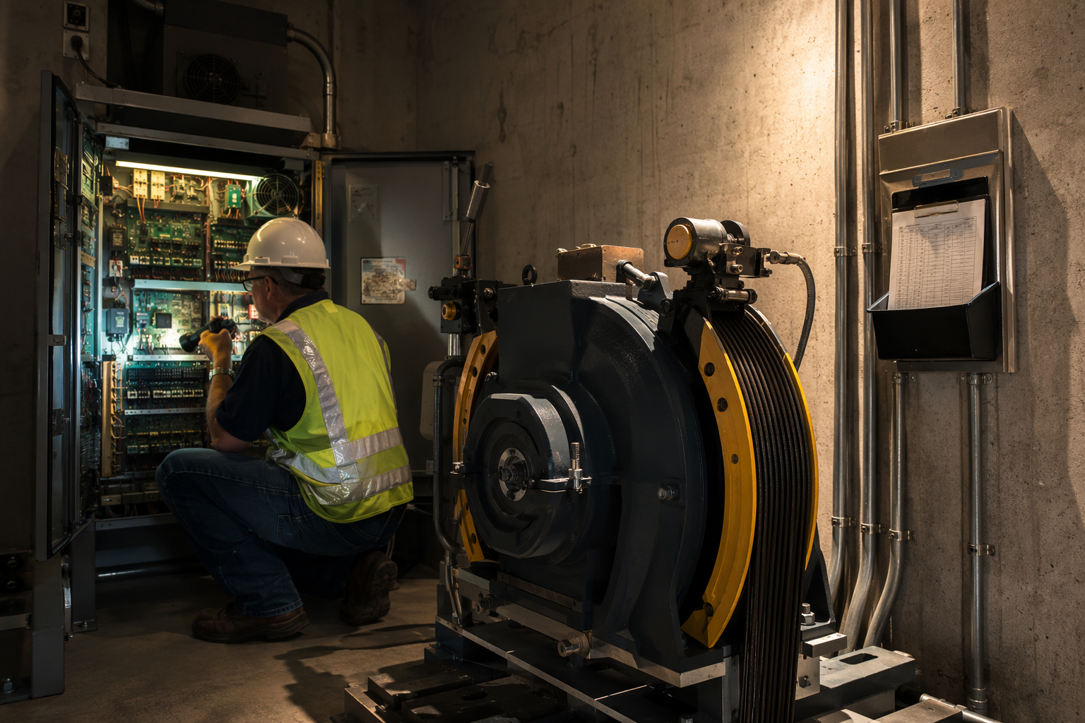 Certified elevator inspector examining machine room controller and traction drive equipment during a compliance inspection at a Mesa Arizona healthcare facility.