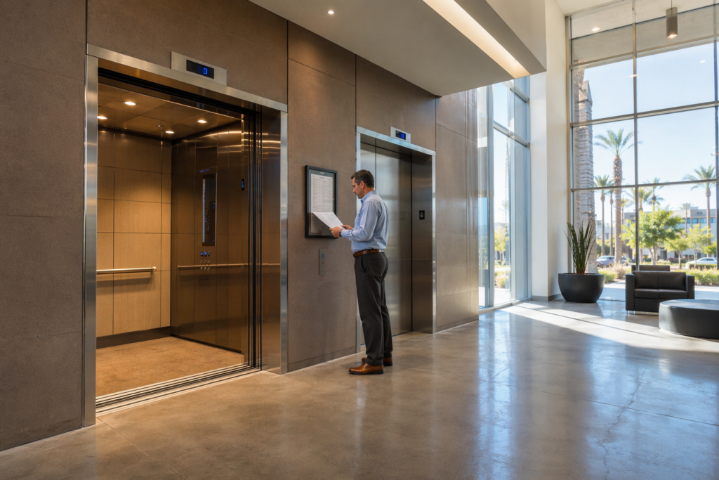 Building manager reviewing elevator code update requirements and compliance certificates in a Phoenix AZ commercial office lobby with stainless steel elevator doors