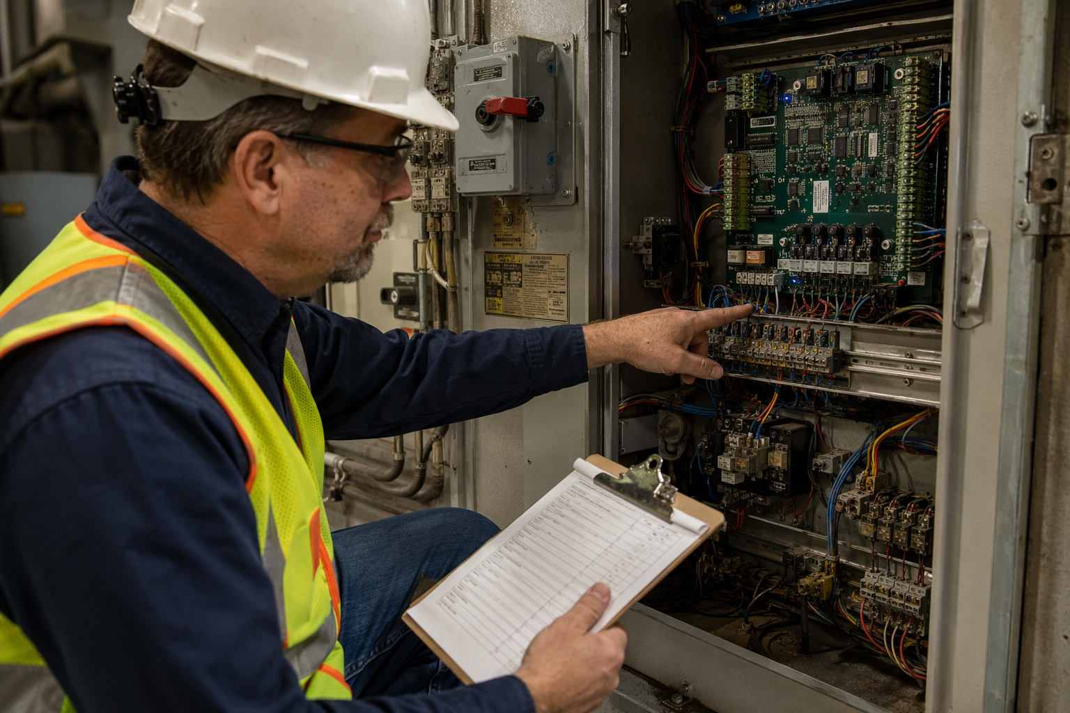 Elevator inspector reviewing controller panel during a code compliance inspection in a Tucson AZ commercial building machine room, identifying update requirements
