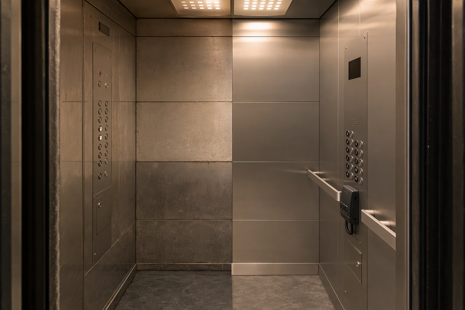 Side-by-side comparison of original versus code-compliant ADA elevator cab fixtures inside a Scottsdale AZ commercial building showing elevator code update requirements