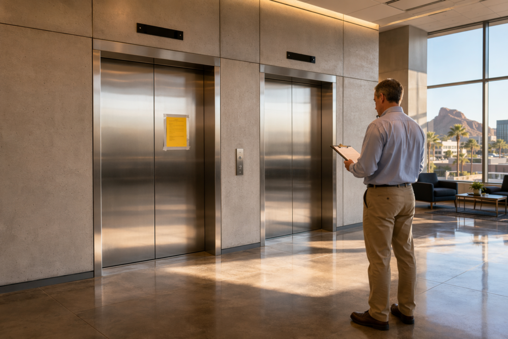 Commercial elevator lobby in Phoenix AZ with an official violation notice on a stainless-steel door, illustrating elevator code violation penalties for building owners.