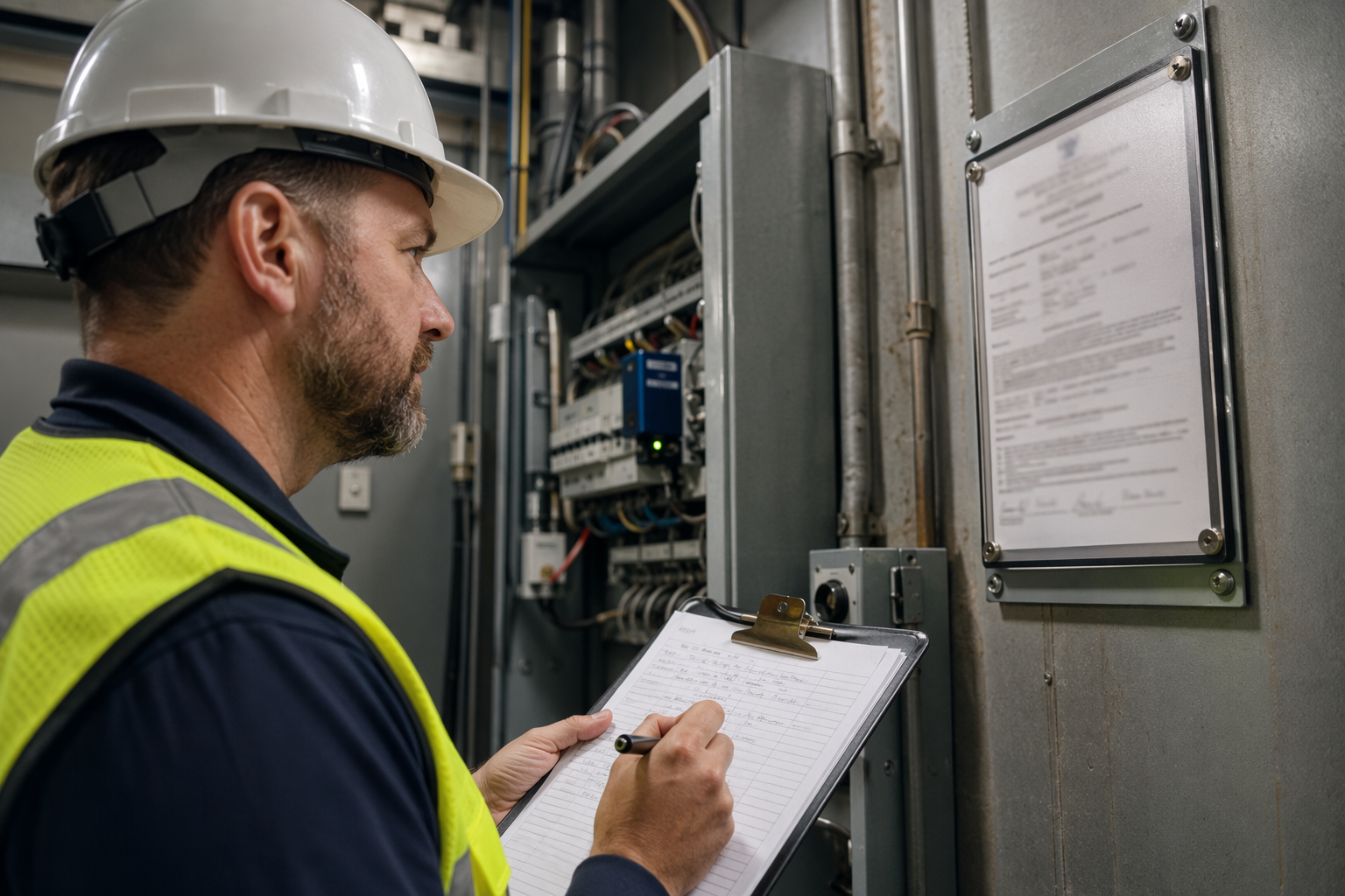 Inspector Reviewing Elevator Inspection Certificate Elevator inspector reviewing ASME A17.1 inspection certificate in a machine room, a required step to avoid elevator code violation penalties in Arizona.