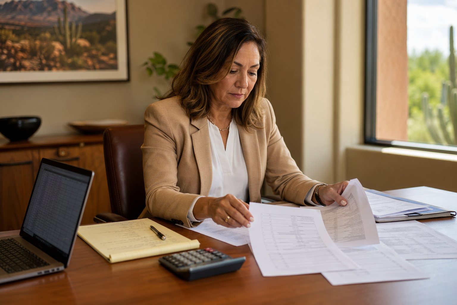 Building Manager Calculating Elevator Violation Fine Costs Property manager in Scottsdale AZ calculating elevator code violation fine costs and compliance expenses at a desk, illustrating how elevator fines are assessed.
