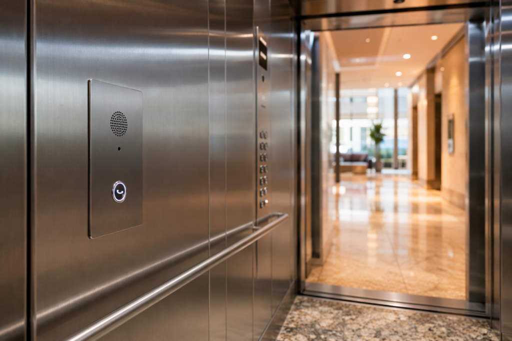 Hands-free elevator emergency phone unit mounted on stainless steel interior wall panel inside a commercial elevator cab in Phoenix AZ