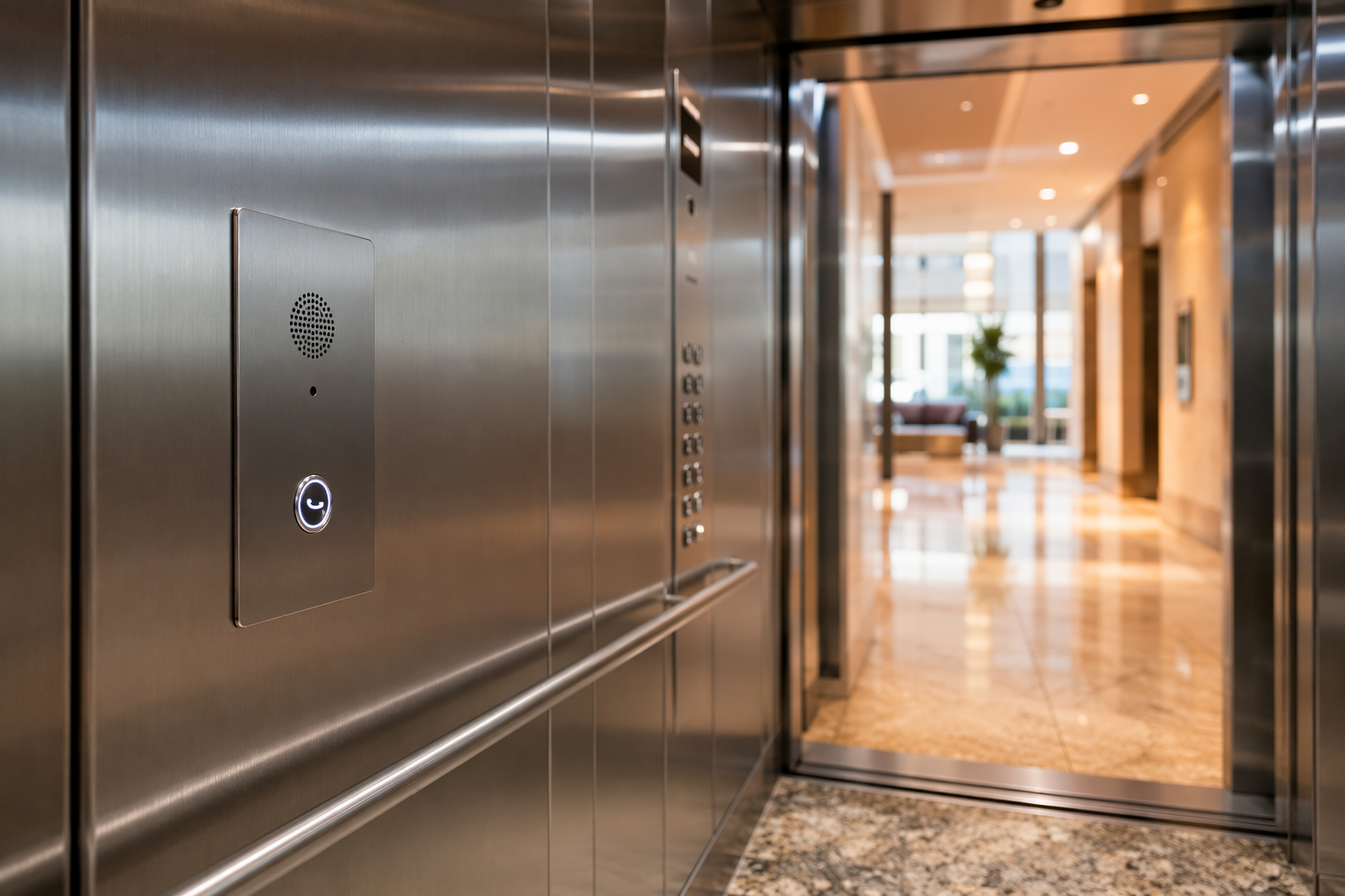 Elevator Emergency Phone Inside Commercial Cab Hands-free elevator emergency phone unit mounted on stainless steel interior wall panel inside a commercial elevator cab in Phoenix AZ
