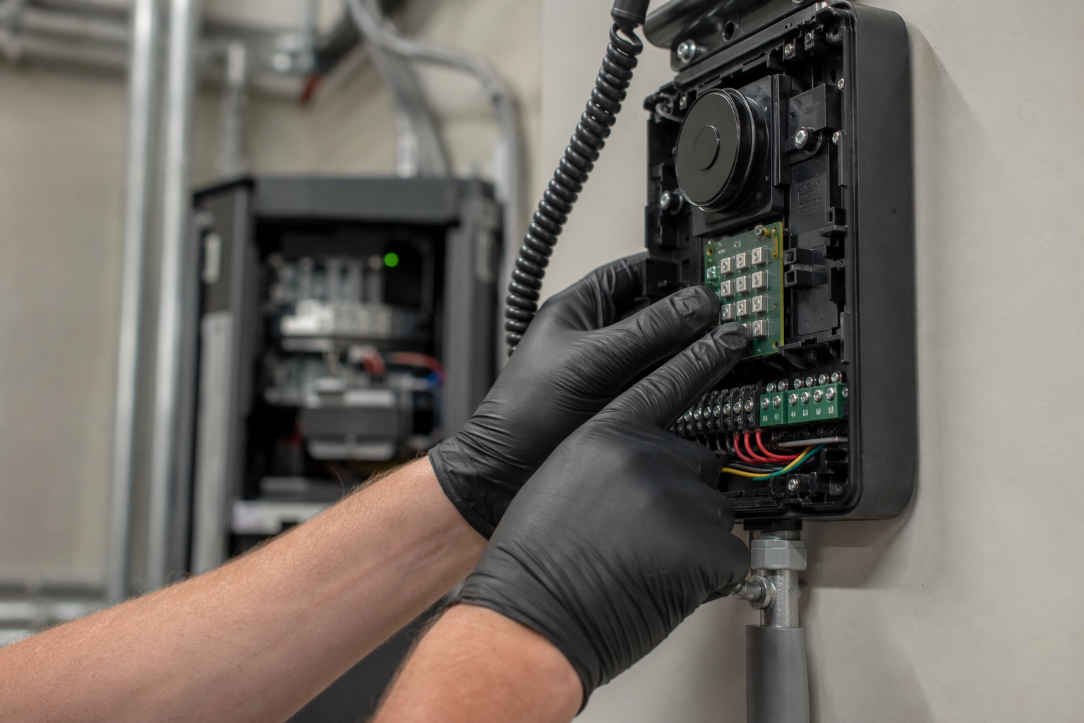 Elevator technician programming an emergency phone unit inside a machine room controller in Scottsdale AZ to meet ASME A17.1 compliance