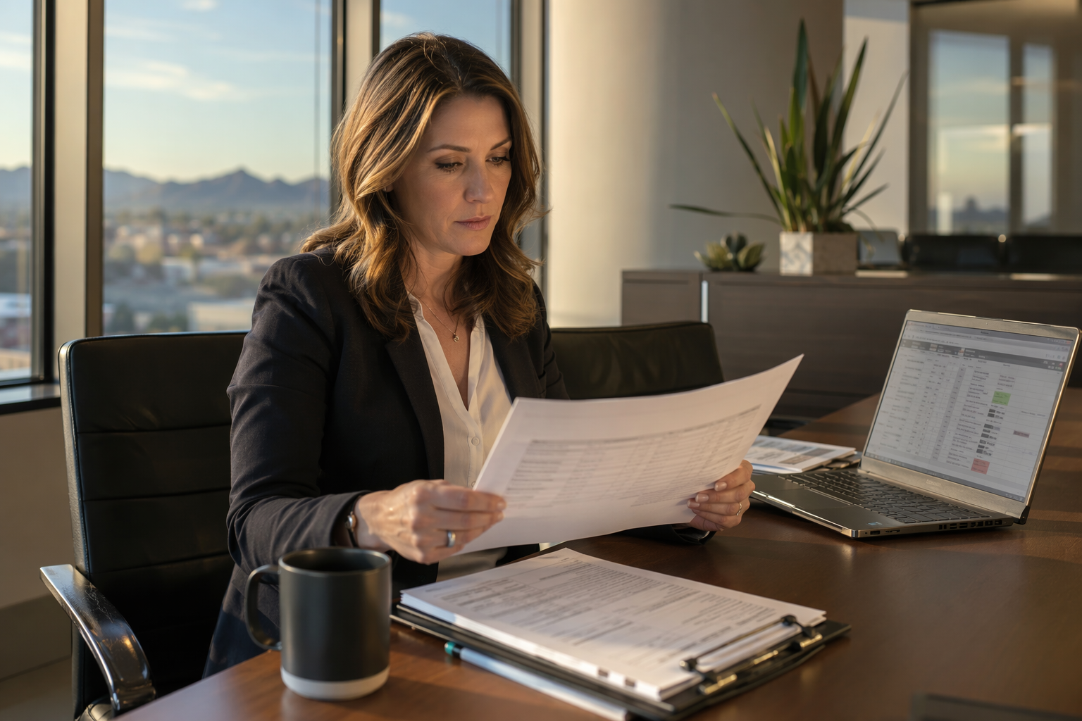 Building manager reviewing elevator emergency phone compliance inspection report at her desk in a Tucson AZ property management office