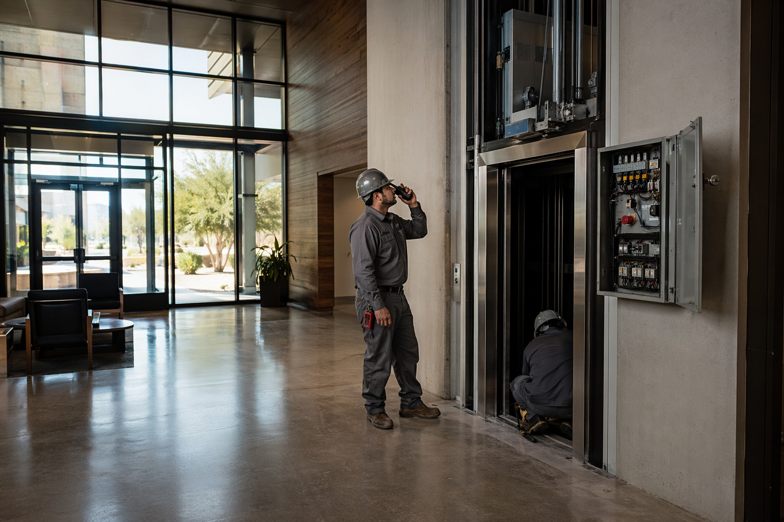 Certified elevator technician initiating entrapment rescue procedure at open hoistway door in Phoenix AZ office building lobby, emergency controls visible