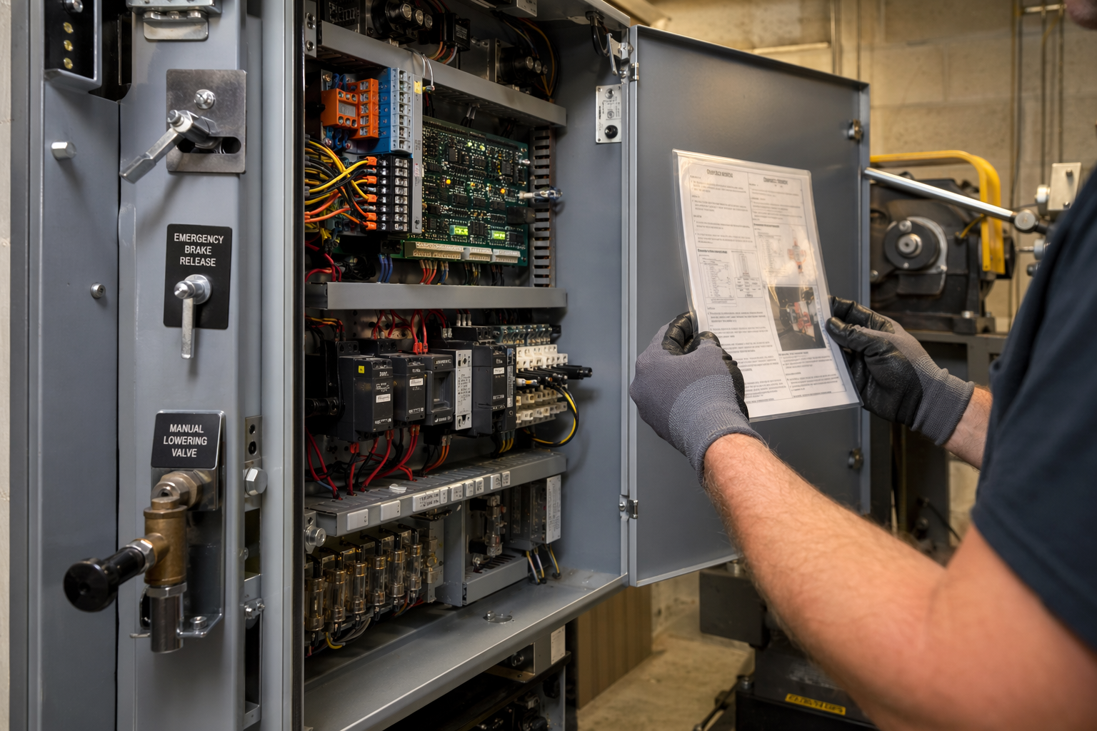 Elevator machine room controller cabinet open showing emergency brake release and manual lowering valve components used in entrapment rescue procedures
