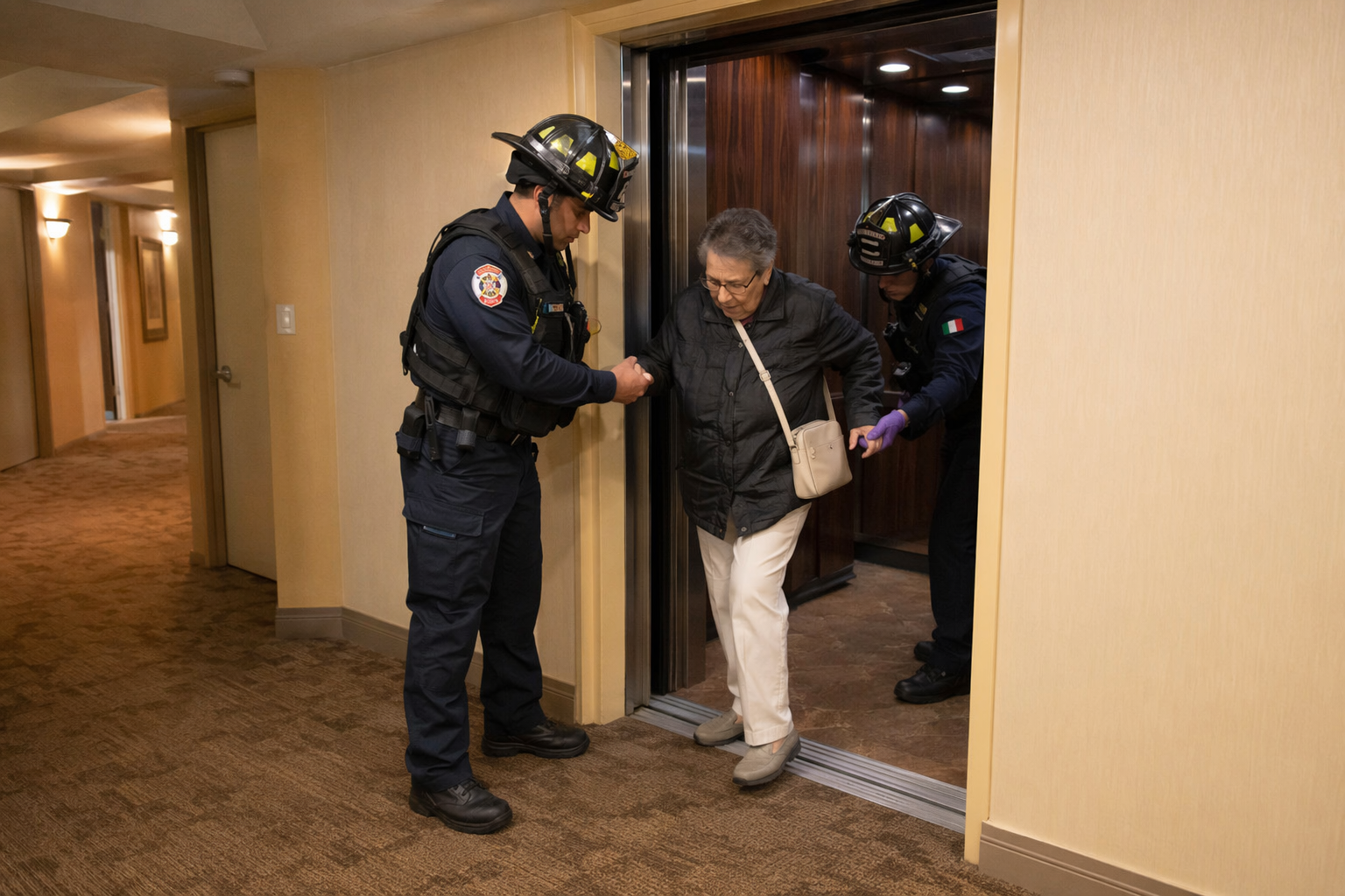 Fire department elevator rescue responders assisting passenger safely off stalled elevator cab at landing level during entrapment rescue procedure in Tucson AZ