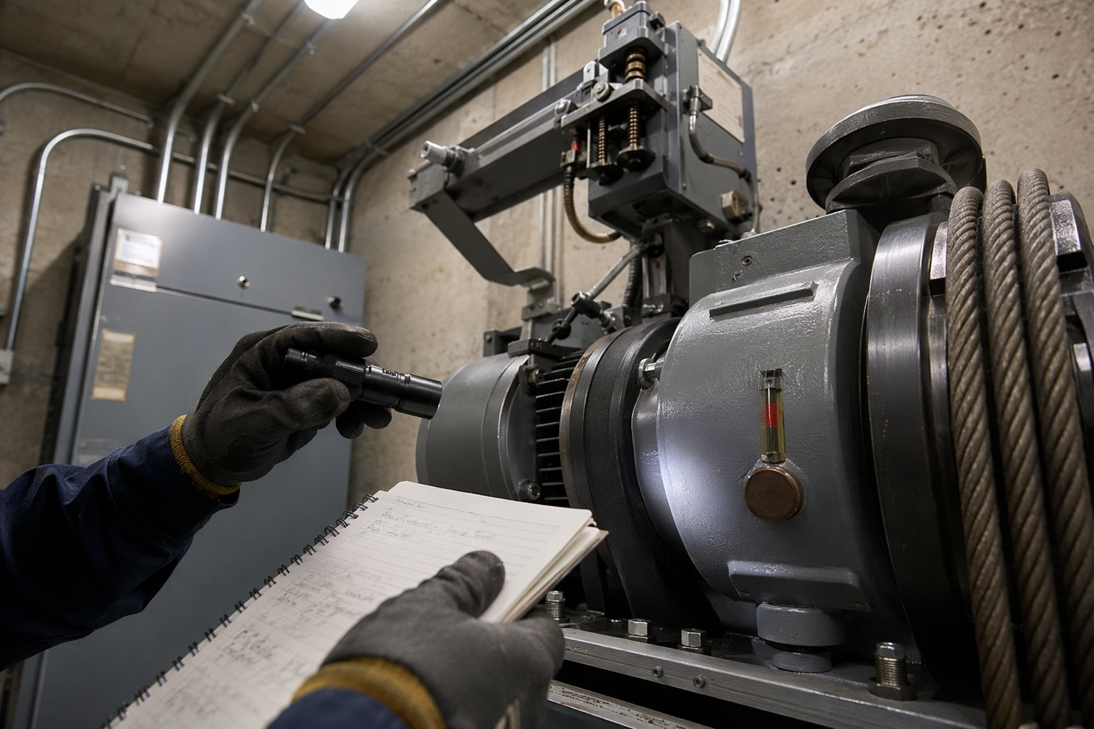 Machine Room Traction Drive Inspection Detail Elevator inspector examining a traction machine and governor assembly inside a commercial building machine room as part of an elevator inspection checklist review.