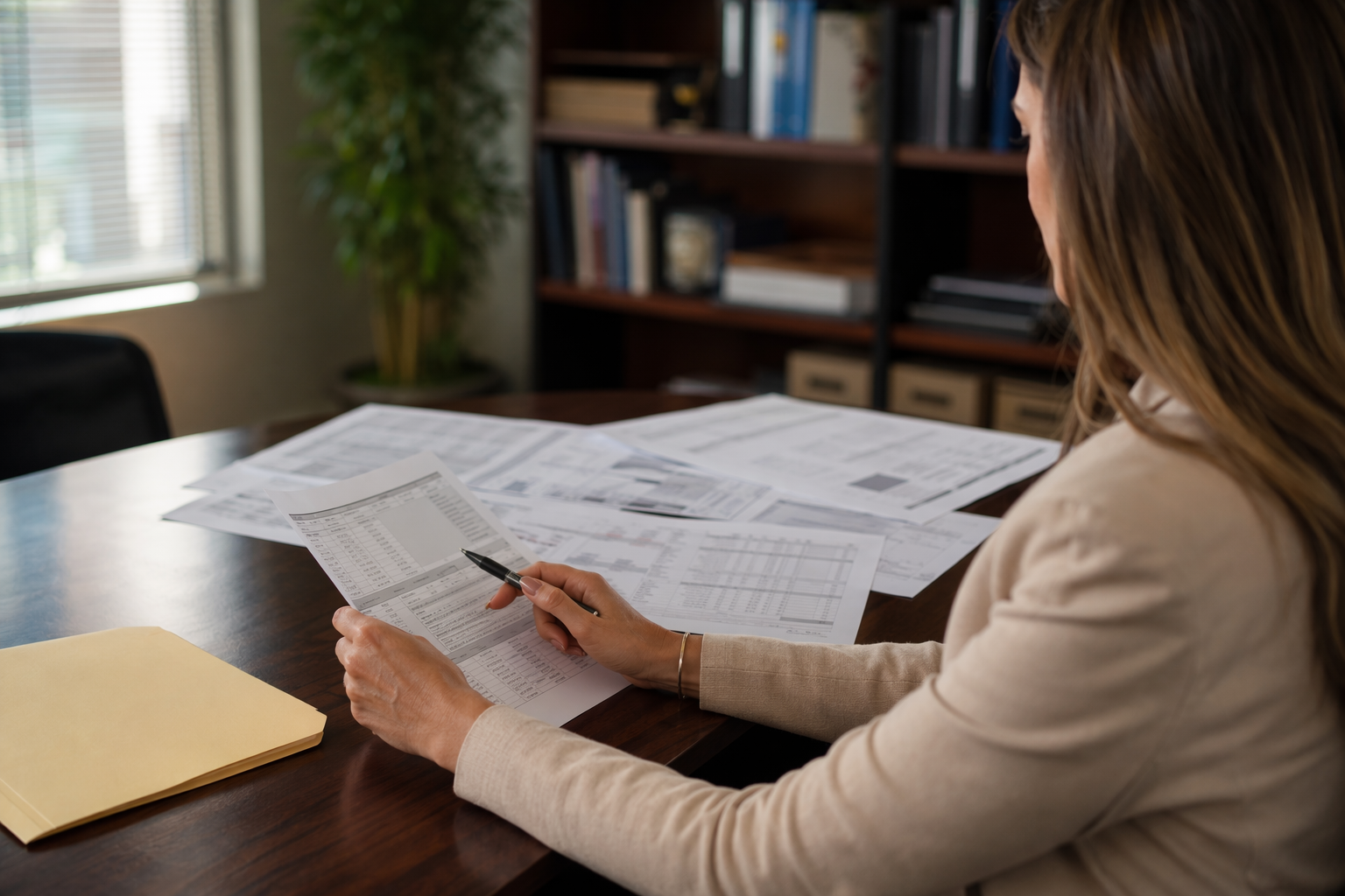 Building Manager Reviewing Elevator Inspection Compliance Documents Building manager in Scottsdale AZ reviewing elevator inspection certificates and compliance documentation at an office desk to ensure code requirements are met.