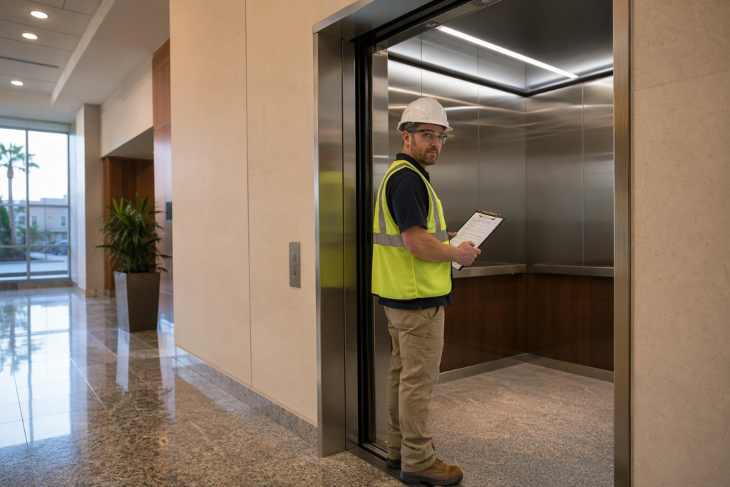 ADOSH elevator inspector reviewing compliance checklist at a commercial traction elevator in a Phoenix AZ office building lobby, illustrating Arizona elevator inspection requirements.