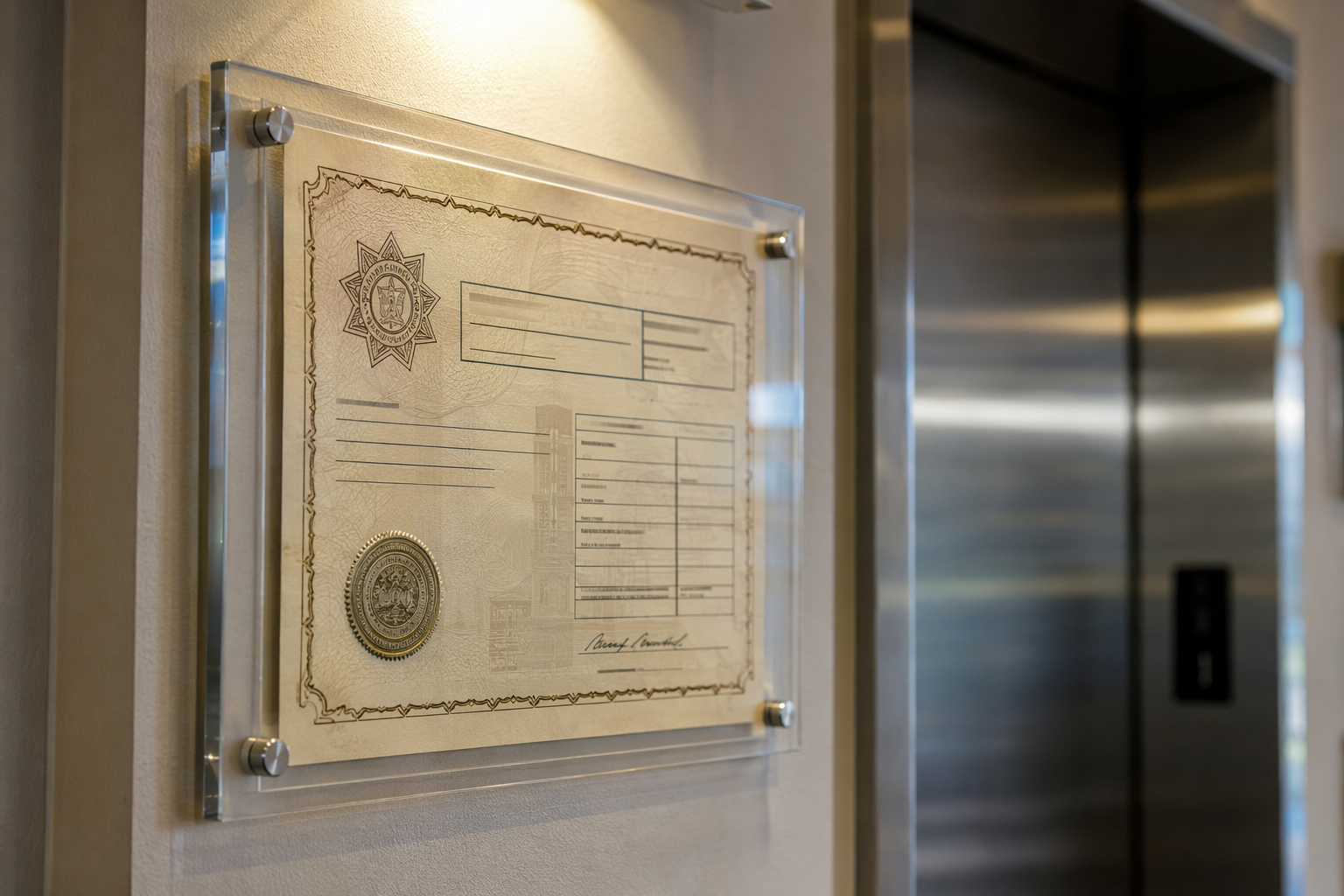Arizona Certificate of Operation displayed beside a commercial elevator entrance in Scottsdale, required proof of compliance under ADOSH elevator inspection requirements AZ.