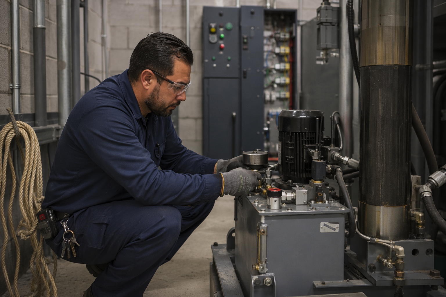 Elevator technician inspecting hydraulic power unit in a Mesa AZ machine room during a mandatory five-year periodic full-load test required under Arizona elevator inspection requirements.
