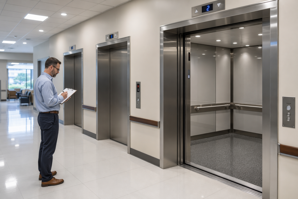 Hospital elevator lobby in Phoenix AZ with three stainless-steel elevator doors, open cab interior, and facilities manager reviewing an elevator maintenance contract