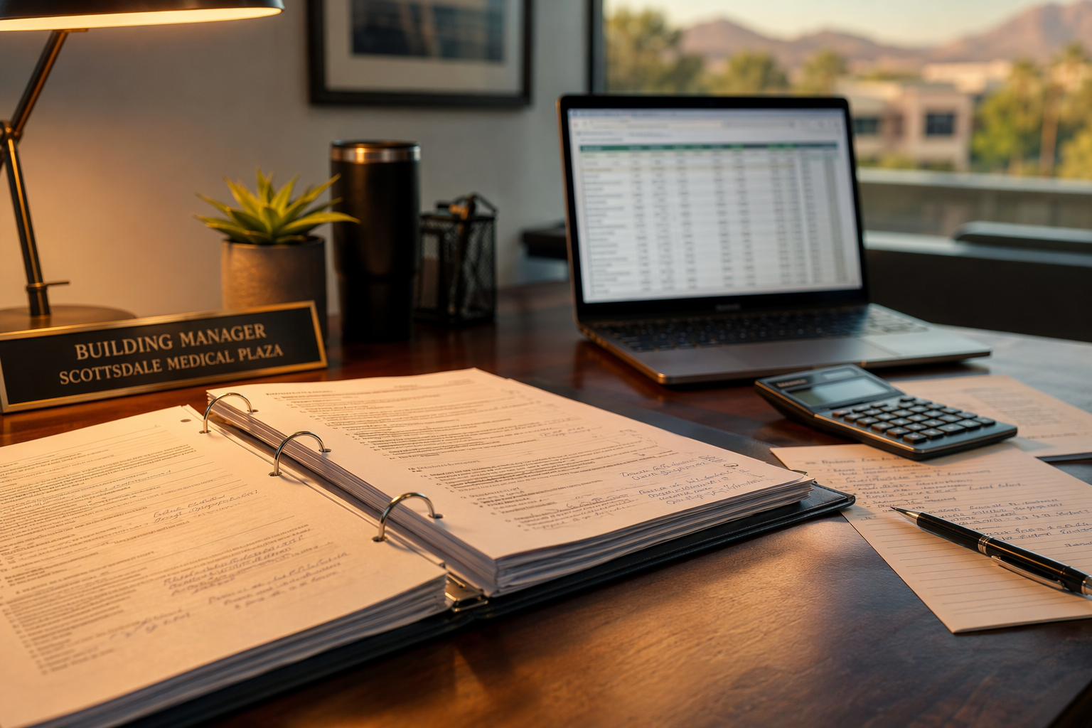 Building manager reviewing elevator maintenance contract pricing factors at a desk in a Scottsdale AZ medical office building
