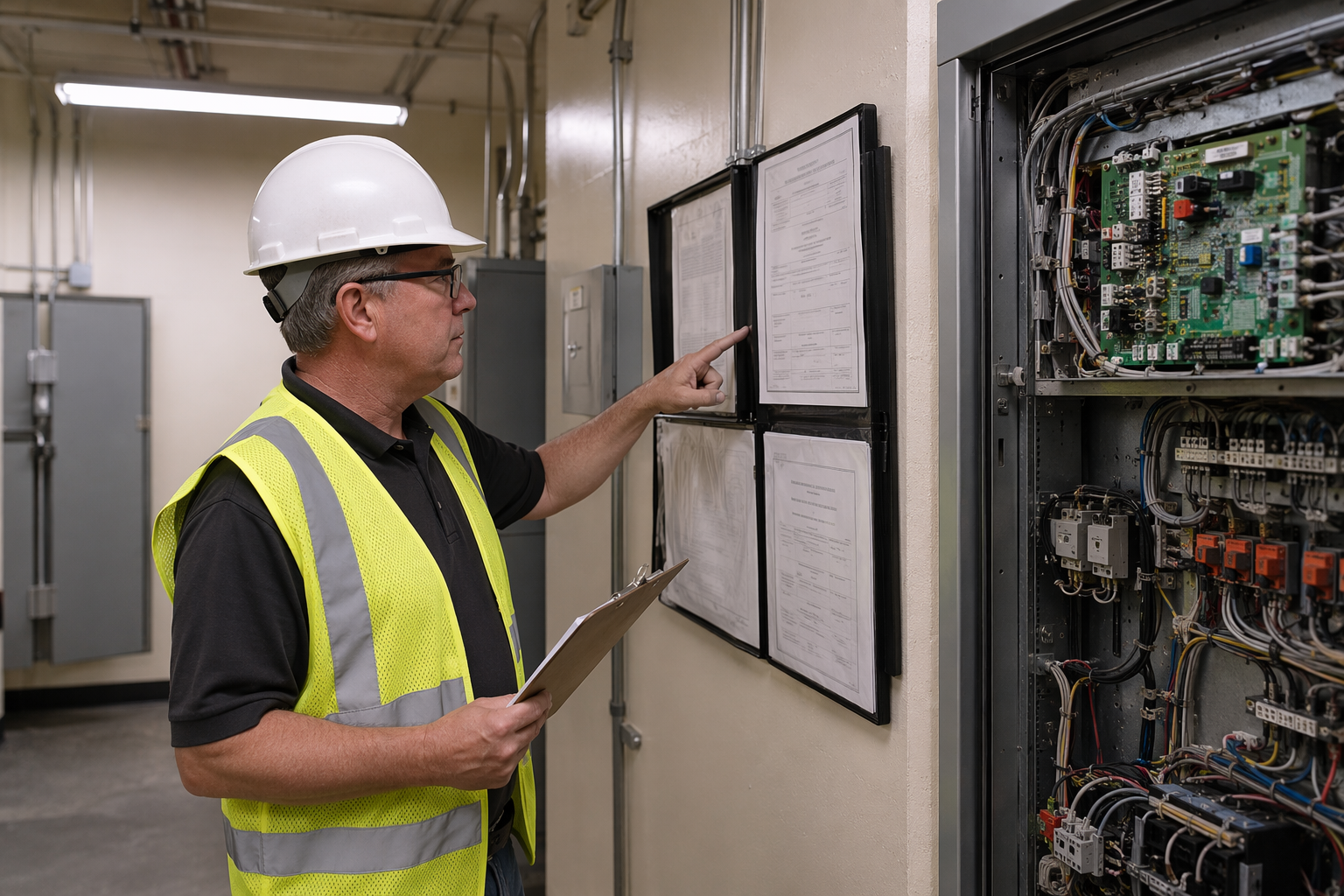 Elevator inspector reviewing ASME A17.1 compliance documentation and inspection certificate in a hospital machine room in Tucson AZ