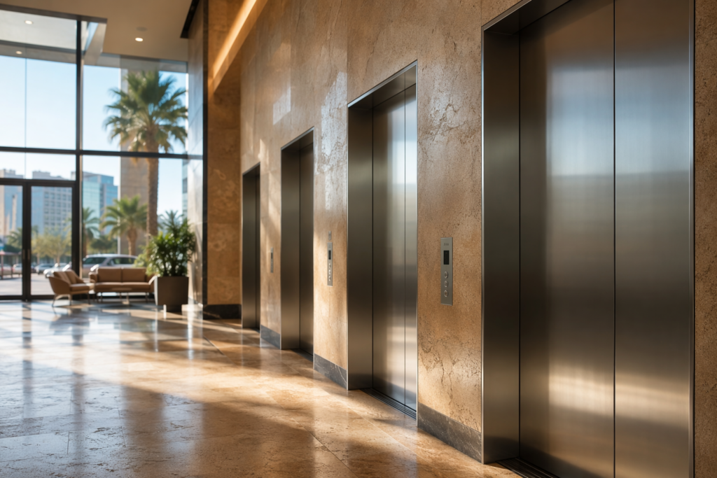 Modern commercial elevator bank in a Phoenix AZ office building lobby, representing elevator maintenance ROI through well-kept, code-compliant equipment.