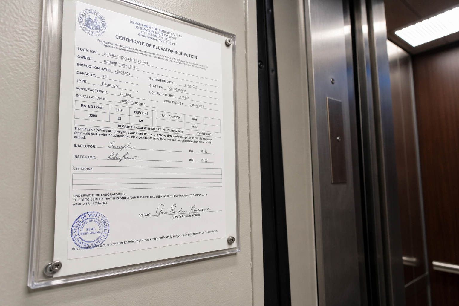 Official elevator inspection certificate mounted inside a Phoenix AZ elevator cab, showing ADOSH compliance documentation required under Arizona elevator maintenance codes.