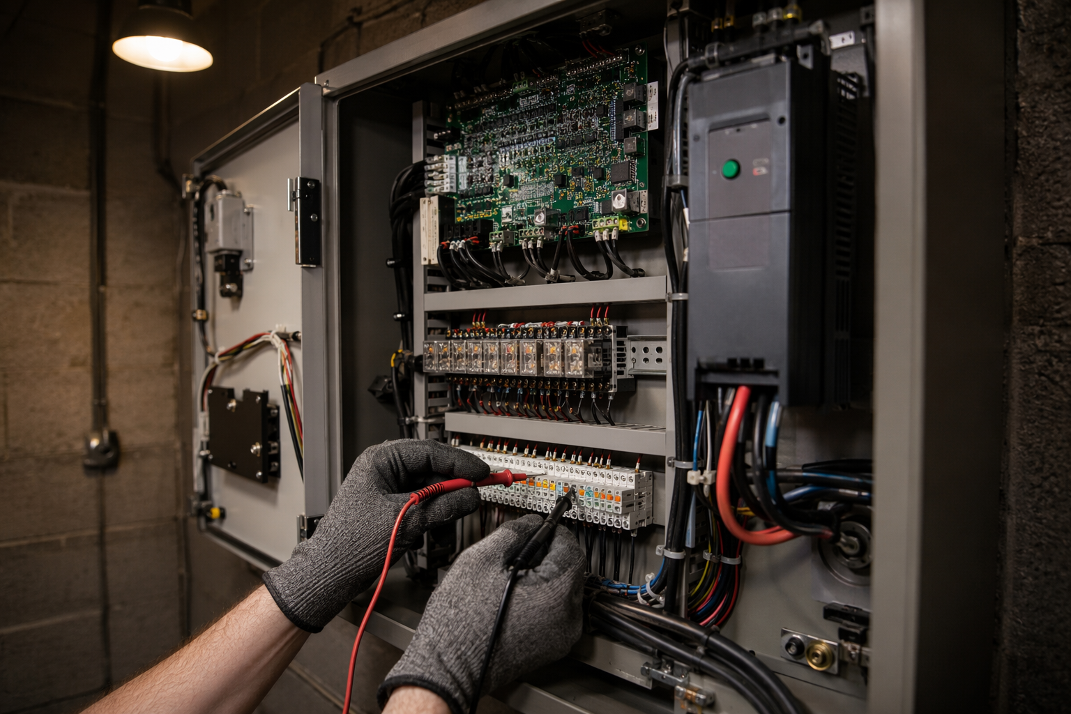 Elevator technician testing machine-room controller components during preventive maintenance in a Phoenix AZ commercial building, illustrating cost-saving elevator maintenance ROI practices.