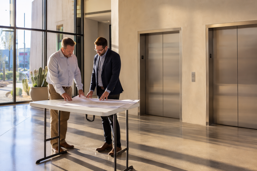 Building manager and consultant reviewing an elevator modernization cost breakdown proposal in a Phoenix AZ commercial lobby with stainless-steel elevator doors in background
